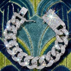 Invicta Elements Iced Out Solid Cuban Bracelet BIG Silver 316L Steel &MOISSANITE