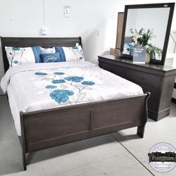 NEW GREY QUEEN BED FRAME AND DRESSER 
