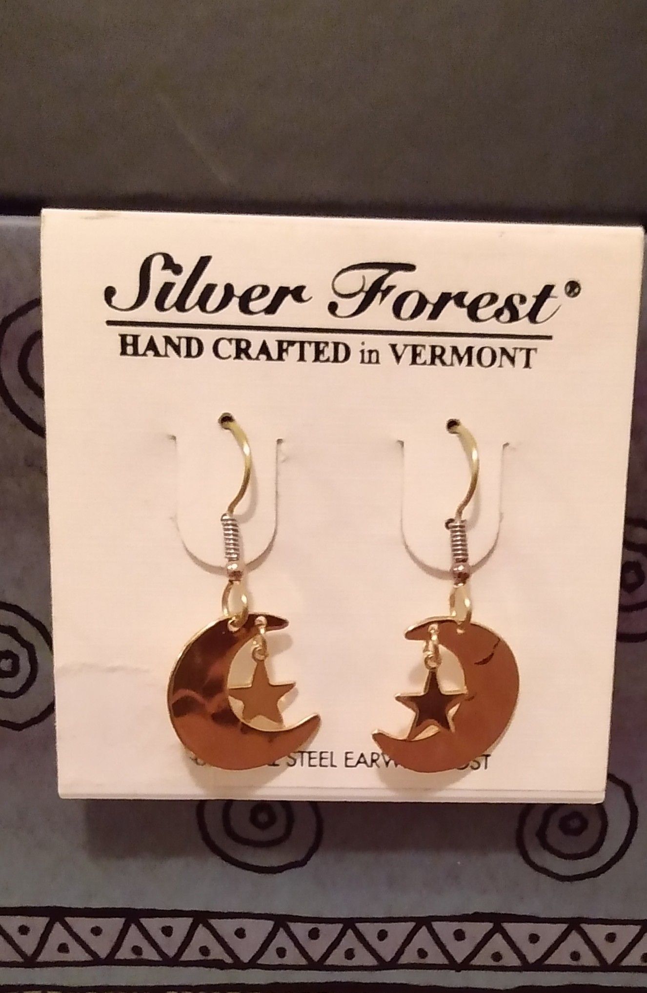 BRAND NEW SILVER FOREST SUN/MOON HANDCRAFTED DANGLE PIERCED GOLD EARRINGS