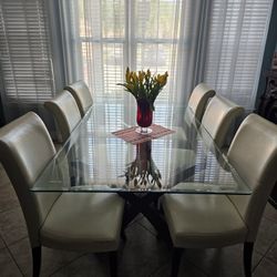 Glass Table W/White Leather Chairs