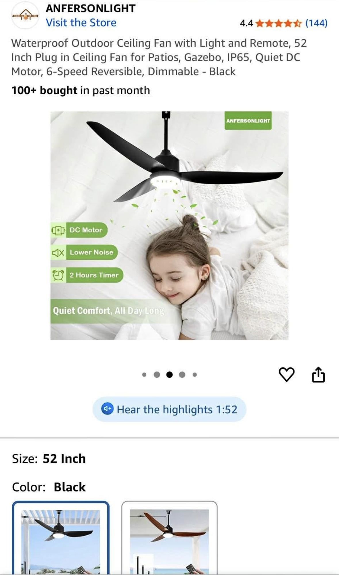 Waterproof Outdoor Ceiling Fan with Light and Remote, 52 Inch Plug in Ceiling Fan for Patios,
