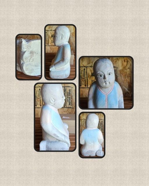 Vintage Asian Wooden Boy Statue Figurine