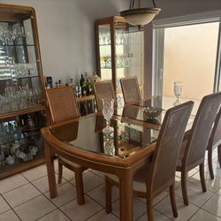 Elegant Dining Table with 8 Chairs – Solid Wood & Glass Inlay