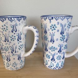 Myth Arts Hand Painted Mugs, Made In Turkey, Raised Floral Blue Design - 2