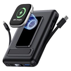 Magnetic Portable Charger, 10000mAh Wireless Power Bank for iPhone with Built-in Cables, 20W Fast Charging for Magsafe Battery Pack with Stand for iPh