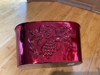 Metal gift basket bin holder container with decorative grape vine leaf red designs and silver interior