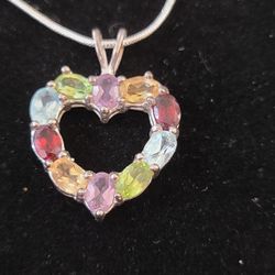 925 Sterling Silver Multicolor Gemstone Heart Pendant Necklace 