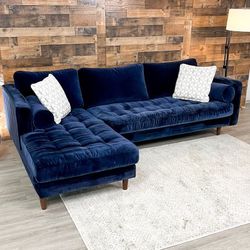 Article Sven 100” Blue Mid-Century Modern Velvet Sectional Sofa with Left Chaise