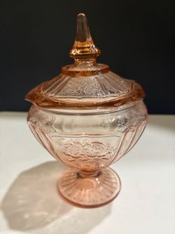 Vintage Pink Depression Glass Mayfair Open Rose Footed Candy Dish Jar with Lid