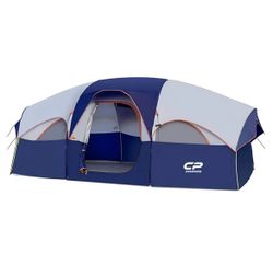 CAMPROS CP 8 Person Camping Tent, Room Divider, Rainfly, Weather Resistant Family tent with 5 large mesh windows, double-layer design, and a carry bag