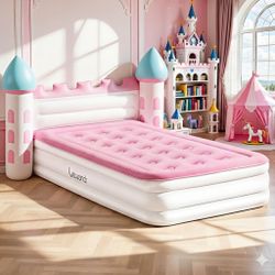 Inflatable Kids Bed Pink Castle Toddler Travel with Electric Air Pump Blow Up Mattress Camping 