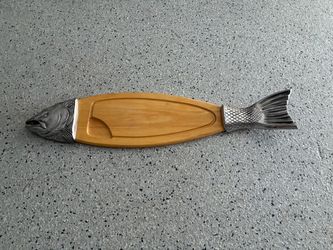 Vintage “R.H. MACY” , 34” Wood/ Metal Fish Cutting Board/ Serving Tray Platter.