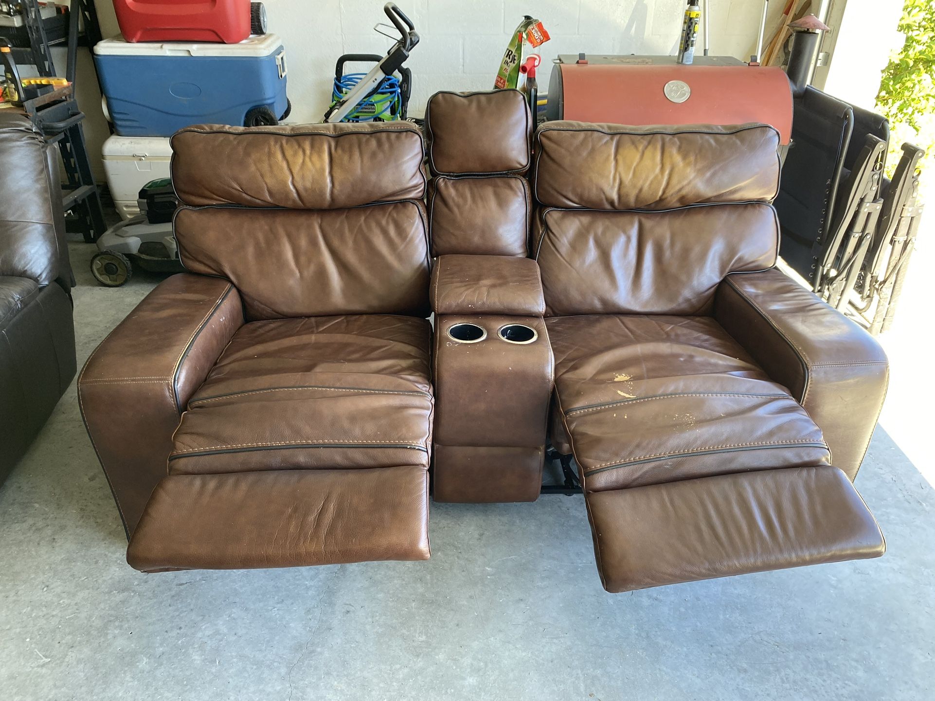 Brown Leather Reclining Loveseat β 2 Seats + Center Console w/ Electric Socket