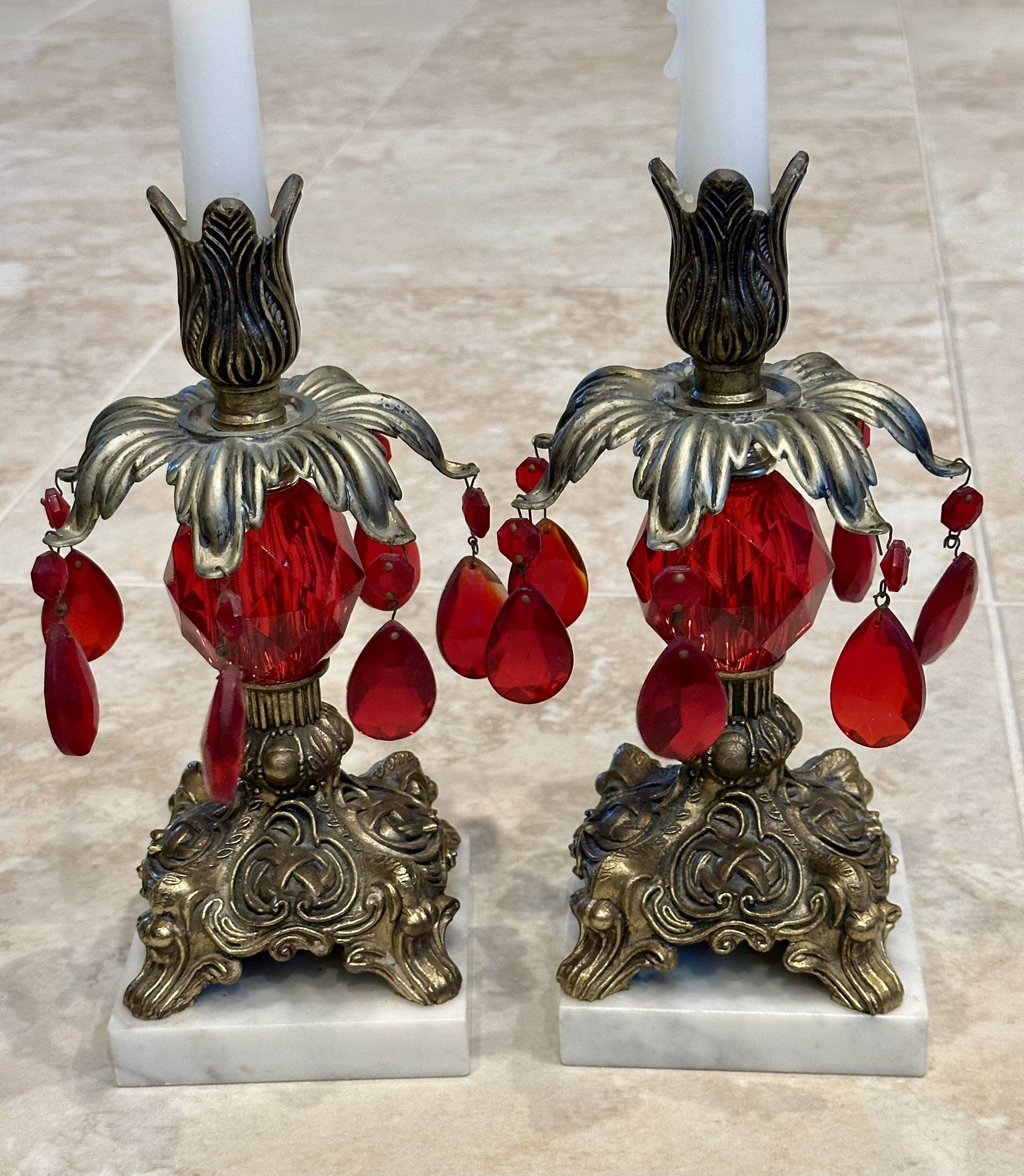 2 Vintage Art Nouveau Candle Sticks Rare Ornate Ruby Red Glass Brass Crystal Marble $60 each $100 for both