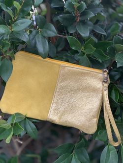 Yellow Metallic Genuine Suede Handmade Wristlet Clutch
