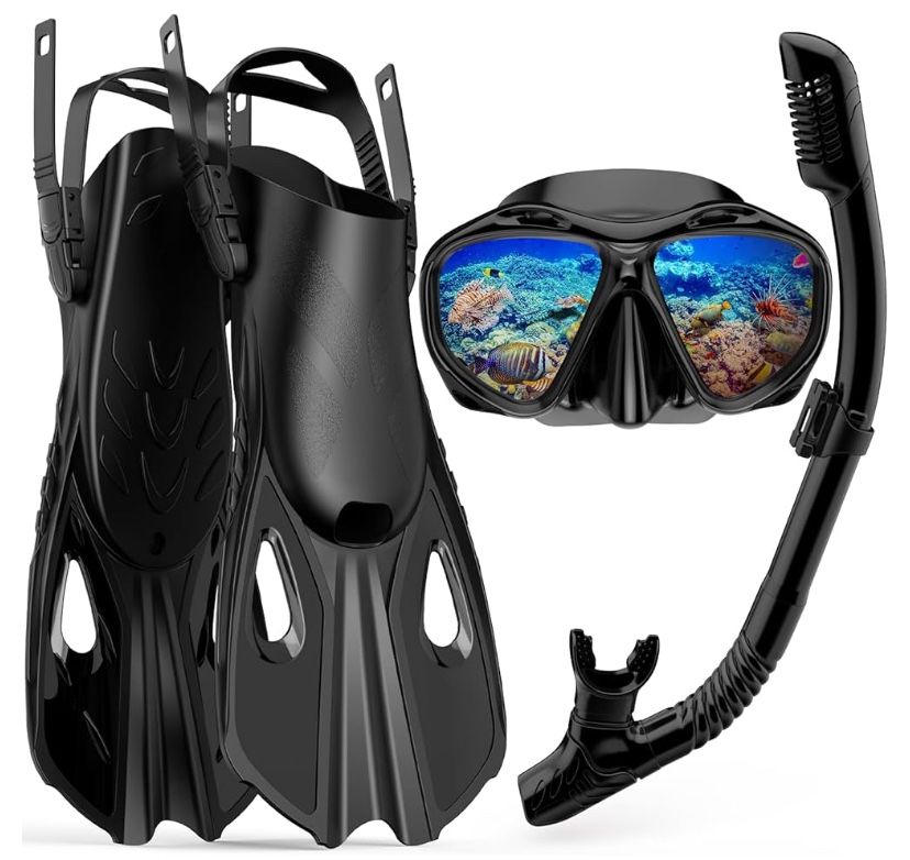 3 in 1 Snorkel Set with Panoramic View Diving Mask Anti-Fog Anti-Leak, Snorkel Mask Dry Top Snorkel Fins for Swimming, Snorkeling and Travel Diving
