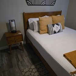 Queen Bed Set. Frame. Memory Foam Matress. Side Table. Real Wood