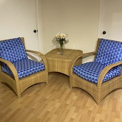 Three Piece Wicker Set In Excellent Condition 2 Armchairs. & Table