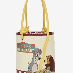 New Disney Lady and the Tramp Crossbody Purse Drawstring Closure Tony's Restaurant Spaghetti
