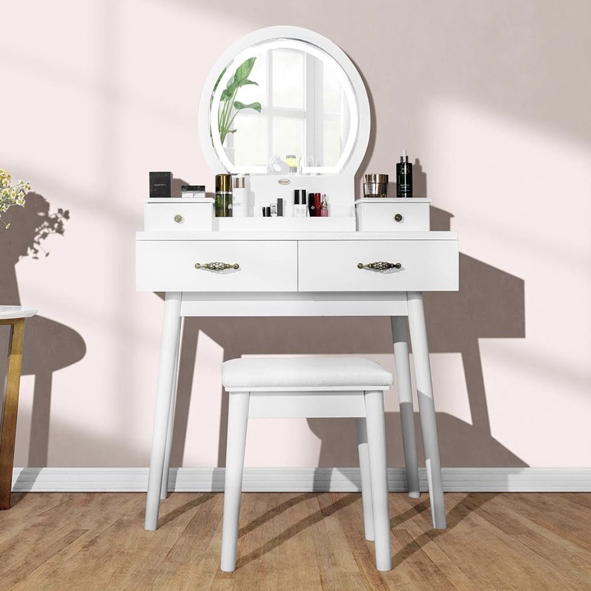 29-92 VIVOHOME Vanity Set with 3-Color Dimmable Lighted Mirror, Makeup Dressing Table with Drawers, Padded Stool, White