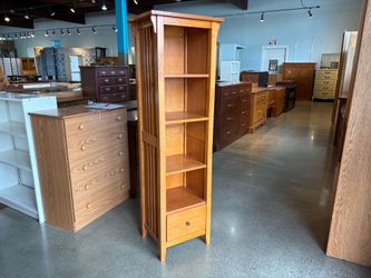 Mission Style Slim Oak Bookcase with Lower Drawer