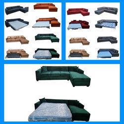BRAND NEW  9x5.5.5ft And 7X9FT SECTIONAL CHAISE SOFA WITH SLEEPER  VELVET EVERGREEN. CUSTOM MADE AVAILABLE