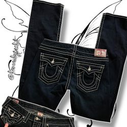 Vintage Y2K True Religion Low Rise Jeans w/ Rhinestones & White Contrast Stitching 