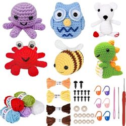 6Pcs Crochet Kit for Beginners, DIY Craft for Adults and Kids, Great Gift for Crochet Lovers, Crochet Animal Kits with Step by Step Videos, Yarn, Croc