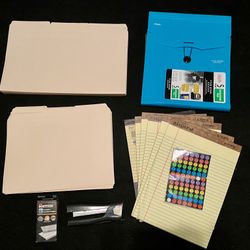 Random Office Supplies File Folders Expanding Pocket Foler Stapler Smiley Face Stickers