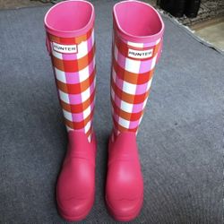 Hunter Original Tall Pink Gingham Rain Boot / wellies Wellington womens rain boots  Size 6 6.5 / 37 euro