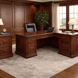 😍Beautiful Elegant Whalen (2)-Piece L-Shaped Desk & File Cabinet Mahogany Wood Set – Delivery Available 🚚