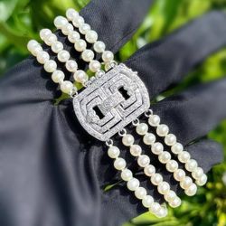 Art deco Vintage 14k white gold 2CTW Natural Diamond 4 strand freshwater Pearl bracelet
