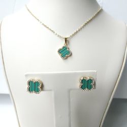 Green Stainless Steel Clover Earring & Pendant Set