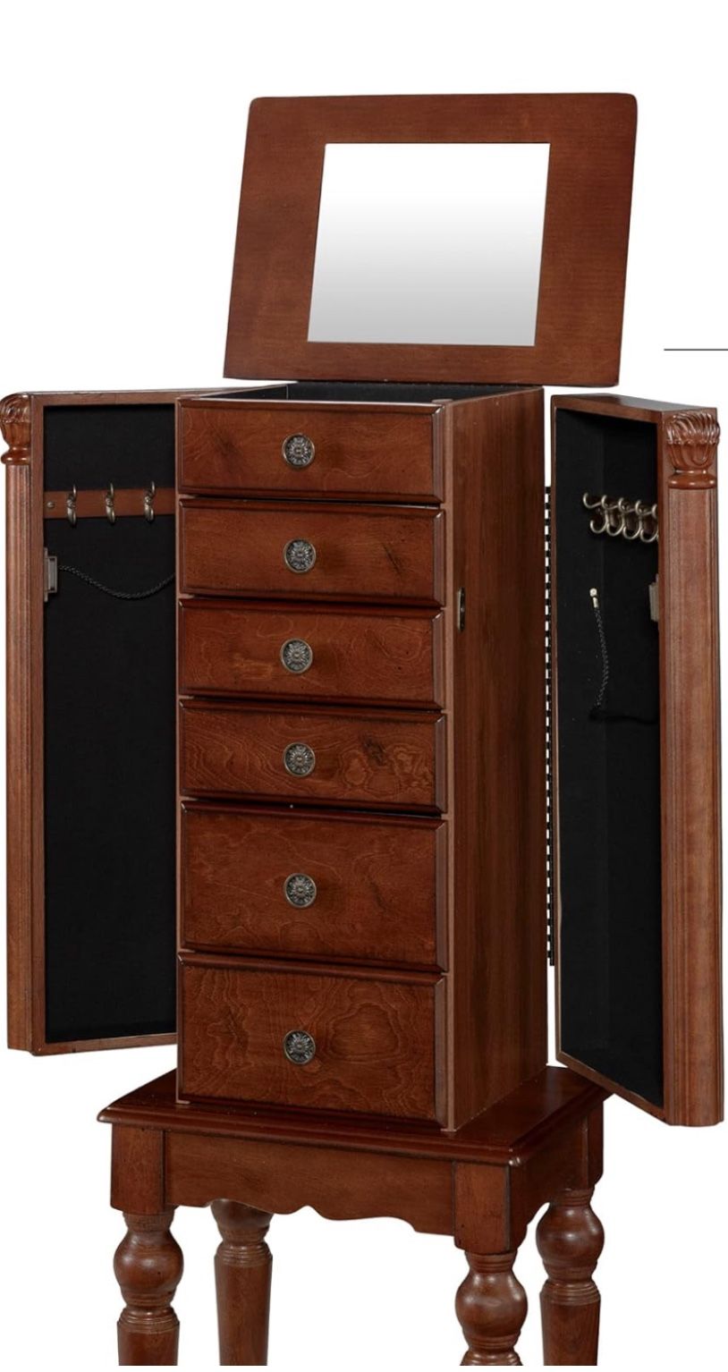 Jewelry Cabinet, Dark Walnut, Jewelry Armoire With Mirror