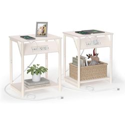 New Cream White Set of 2, Small Side Tables for Living Room, Bedroom, Nightstand with Power Outlets