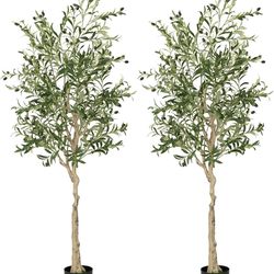 Set of 2 6-Foot Artificial Olive Trees with Realistic Fruit for Indoor and Outdoor Decoration