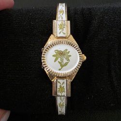 VTG Dainty Jai De Luxe Cuff Watch Green Floral Enamel Peek A Boo Works FLAW