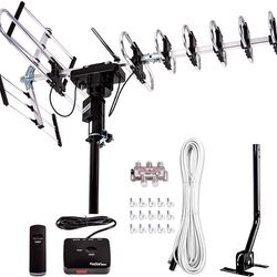 Outdoor HD TV Antenna Long Range with Motorized 360 Degree Rotation, UHF/VHF/FM Radio with Infrared Remote Control with Installation Kit and Pole
