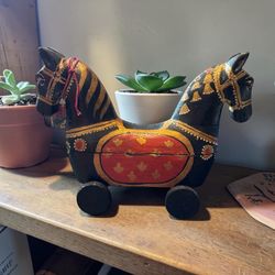 Handcrafted Wooden Two Headed Trojan Horse On Wheels Two Hidden Storage Compartments “Spice Box”  Handcrafted In India 