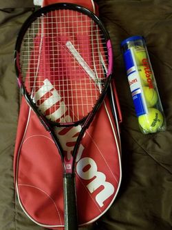 wilson tennis racquet, balls and bag