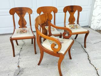 Vintage Biggs Furniture Empire Style Set of 4 Flared Mahogany Dining Chairs With Needlepoint Seats. See Details