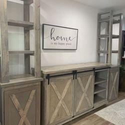 Custom TV Stand Cabinet Entertainment Center TV Lift Modern Rustic Farm House Barn Doors Console Handmade Restorations hardware Insp. Bookshelves 