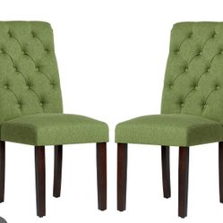 2pcs COLAMY Green Tufted Fabric Rolled Back Dining Chair