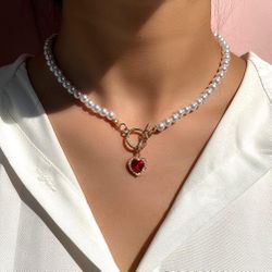 Pearl Red Heart Necklace 