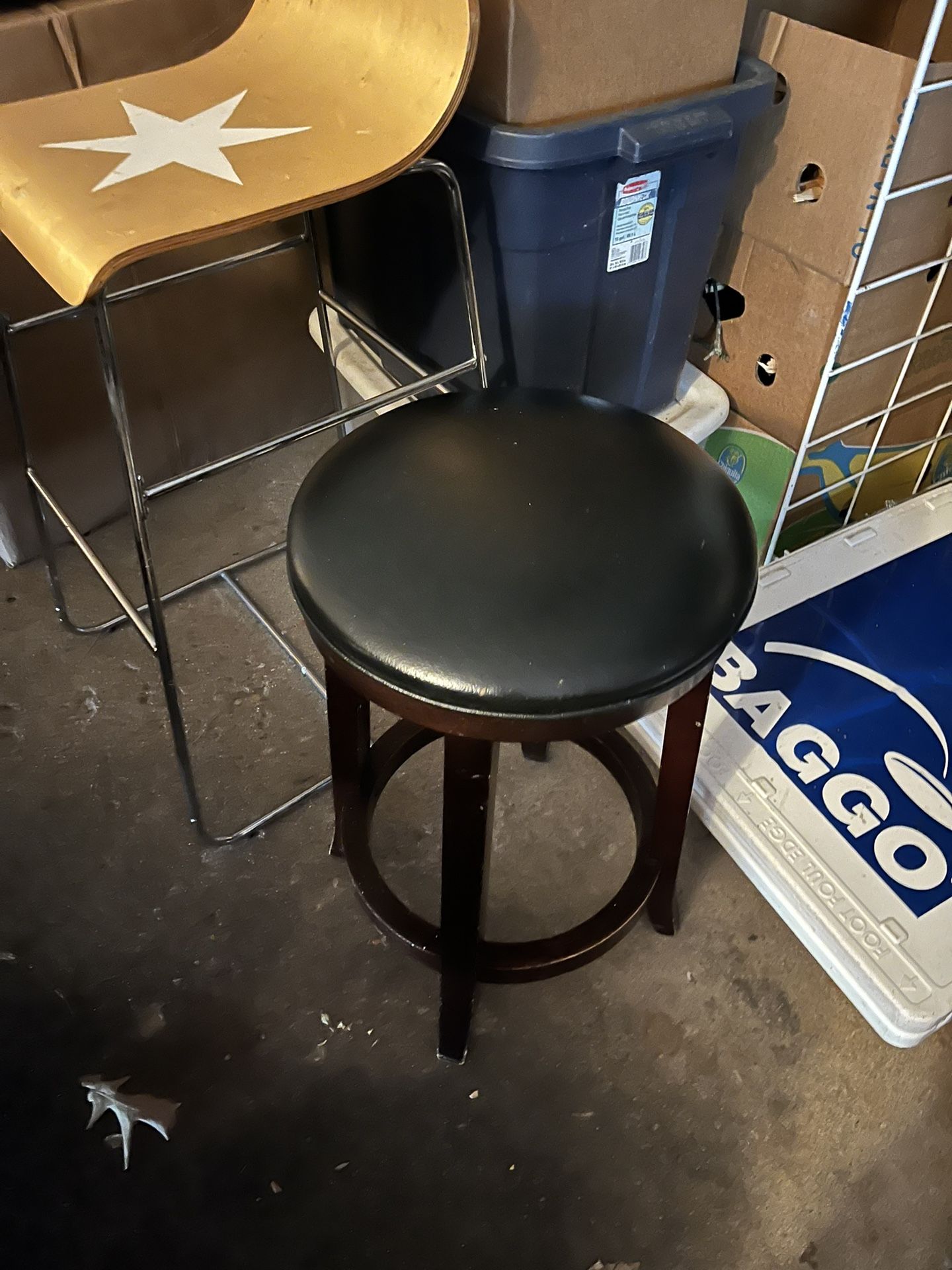 Little Wooden Stool w/ Black Leather Seat