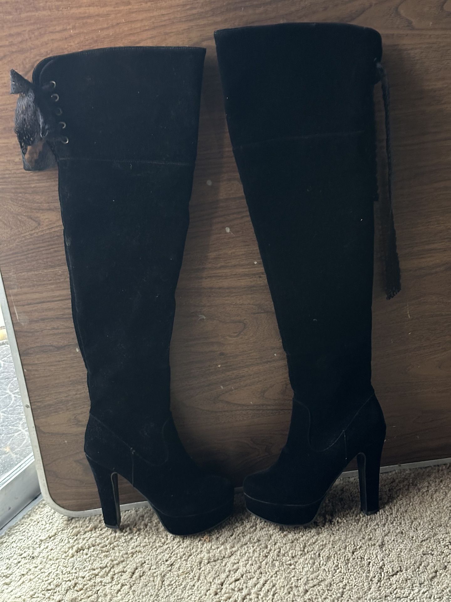 Tall Black Over The Knee Boots Size 6.5 Women’s Velvet With Lace And Eyelets To Tie