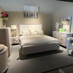 Grey King Bed, Dresser, Mirror And One Nightstand