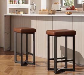 Modern Backless Bar Stools Set of 2, 24" Counter Height, Vintage Brown PU Leather Upholstered Seat, Durable Metal X-Frame & Footrest, Perfect for Kitc