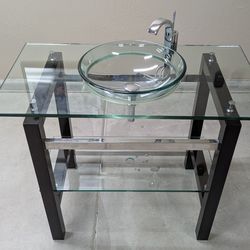 Glass Vanity And Bowl With Mirror