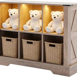 6 Cube Bookcase, Wooden Cube Storage Organizer Shelf, Grey Horizontal Book Shelf with LED Lights, Freestanding Display Cabinet for Living Room, Bedroo